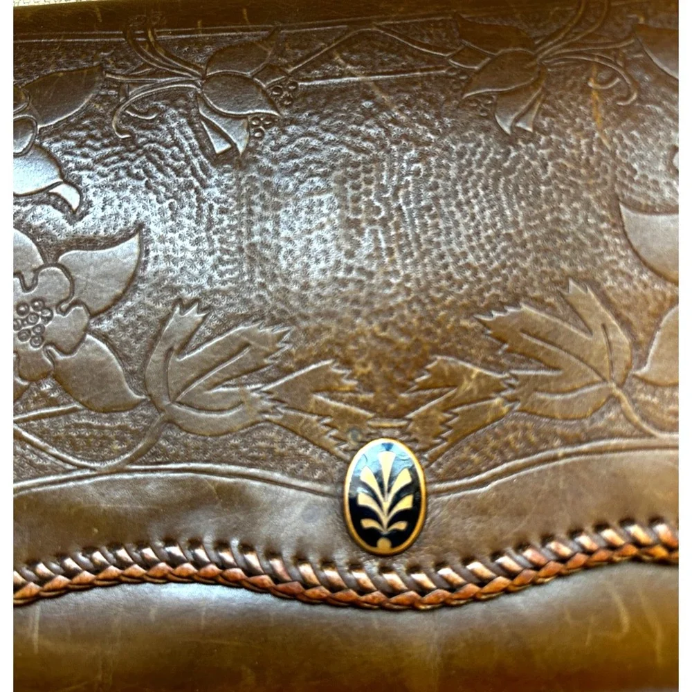 Vintage 1920s Leather Clutch Hand Tool Double Side Whipstitch Snap Floral Folds